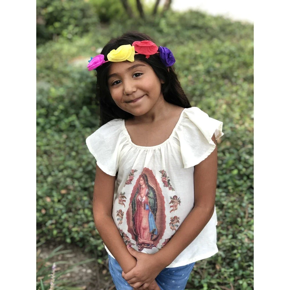 Mexican Printed Virgencita White Top for Girls - Picture 2 of 6